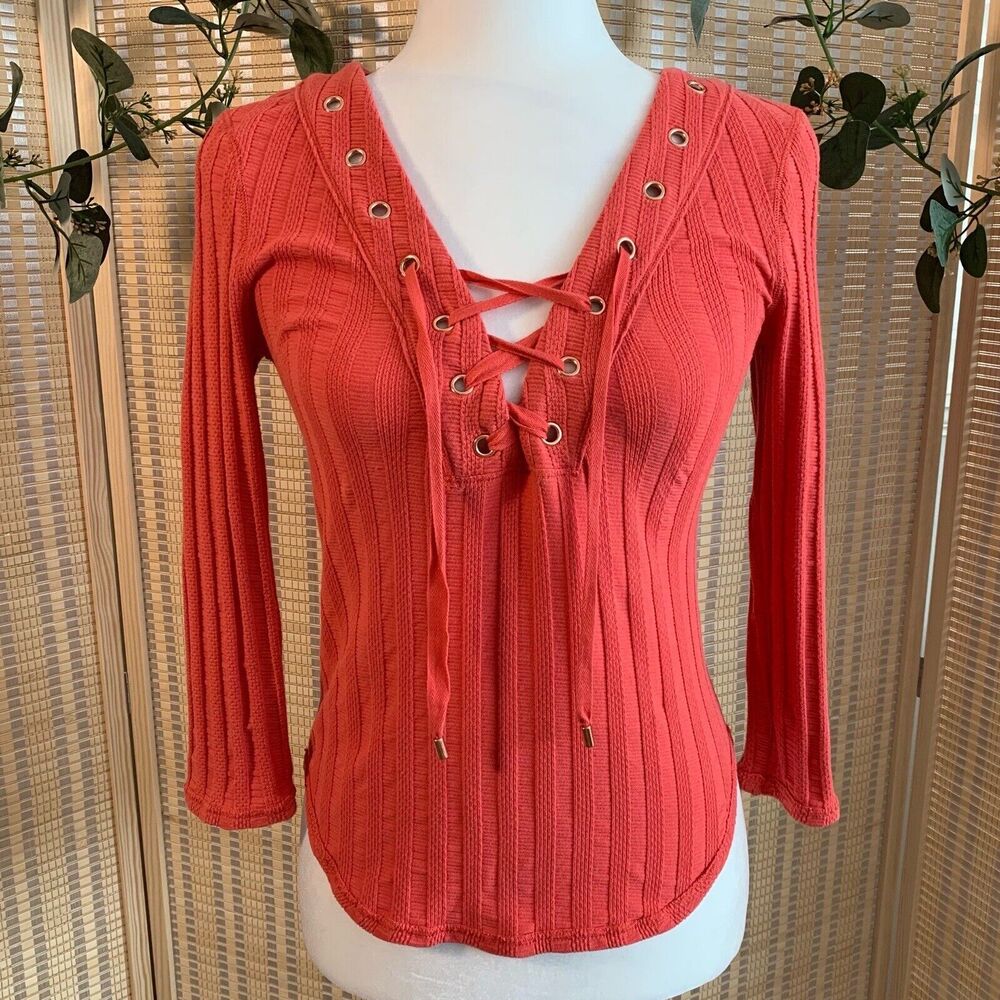 Free People Ice Cold Lace Up Top 3/4 Sleeve Ribbed Small Rose Crimson/Light Red